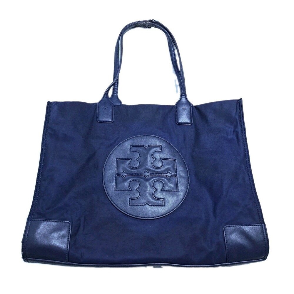 Tory Burch Ella Nylon Leather Logo Tote Bag Blue Shoulder